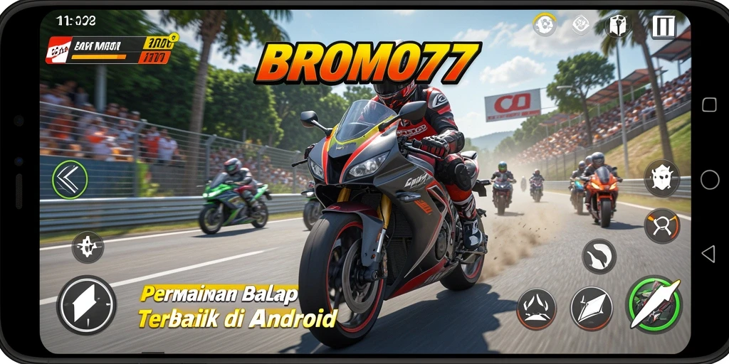 Tampilan gameplay BROMO77 yang mendebarkan dan penuh aksi balap motor.
