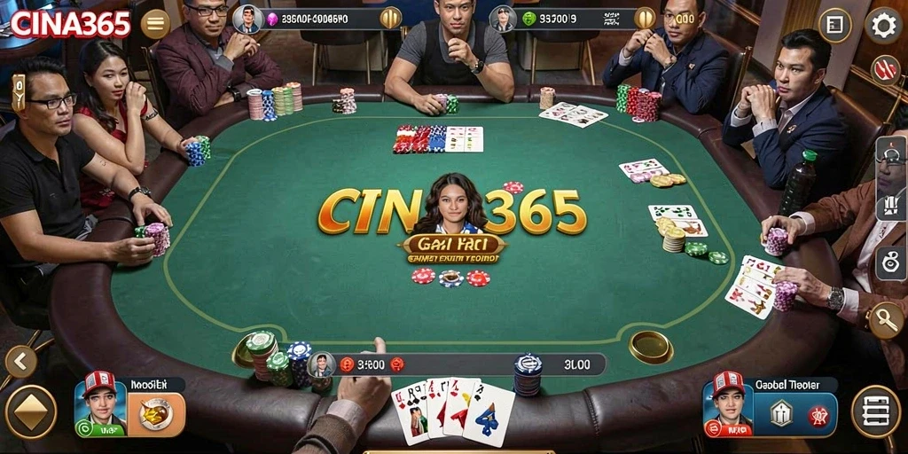 Screenshot CINA365 menampilkan gameplay seru Poker di layar smartphone.