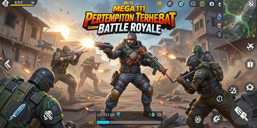 Screenshot gameplay MEGA111 menampilkan aksi pertempuran seru.