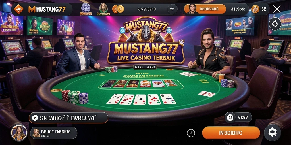 Screenshot game MUSTANG77 menampilkan dealer profesional dalam aksi di meja permainan.