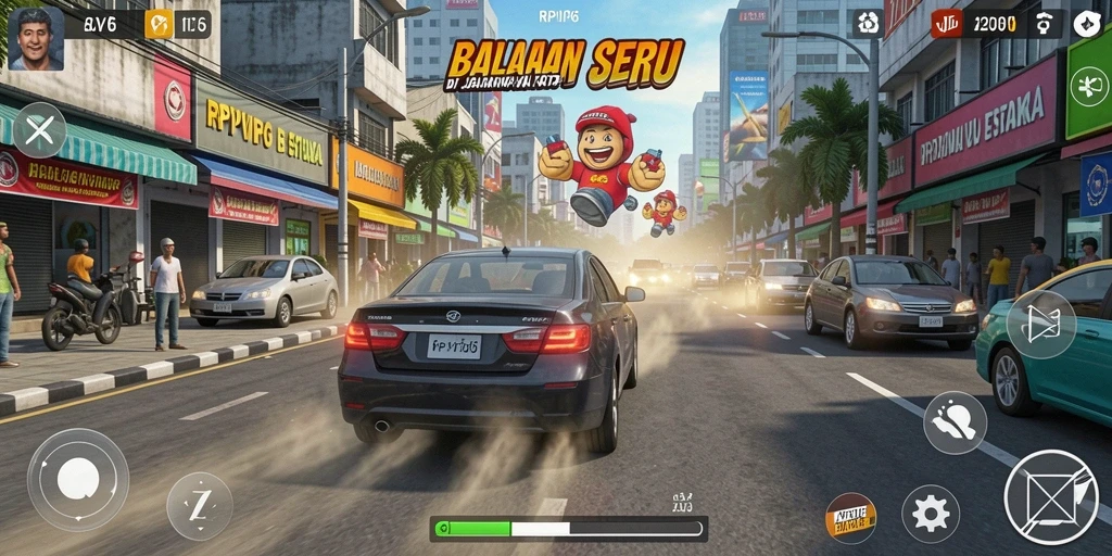 Tangkapan layar RPVIP6 menampilkan aksi balapan mendebarkan di jalanan kota.